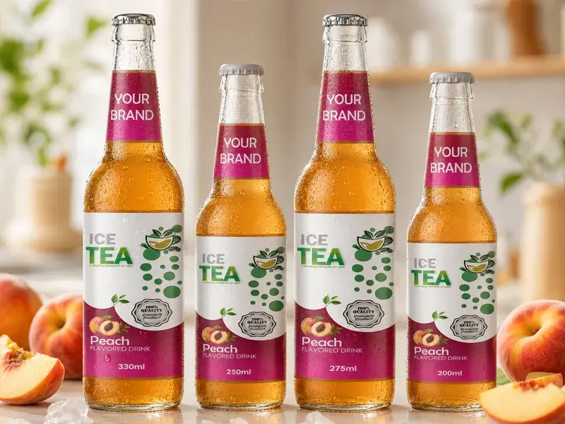 ICE TEA Peach flavour in 200ml, 250ml, 275ml and 330ml glass bottles.